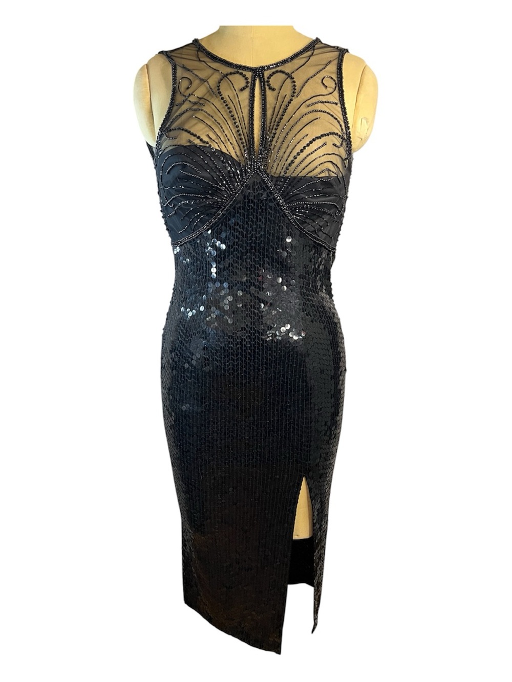Niteline Black Sequin Midi Dress with Beaded Illusion Yoke